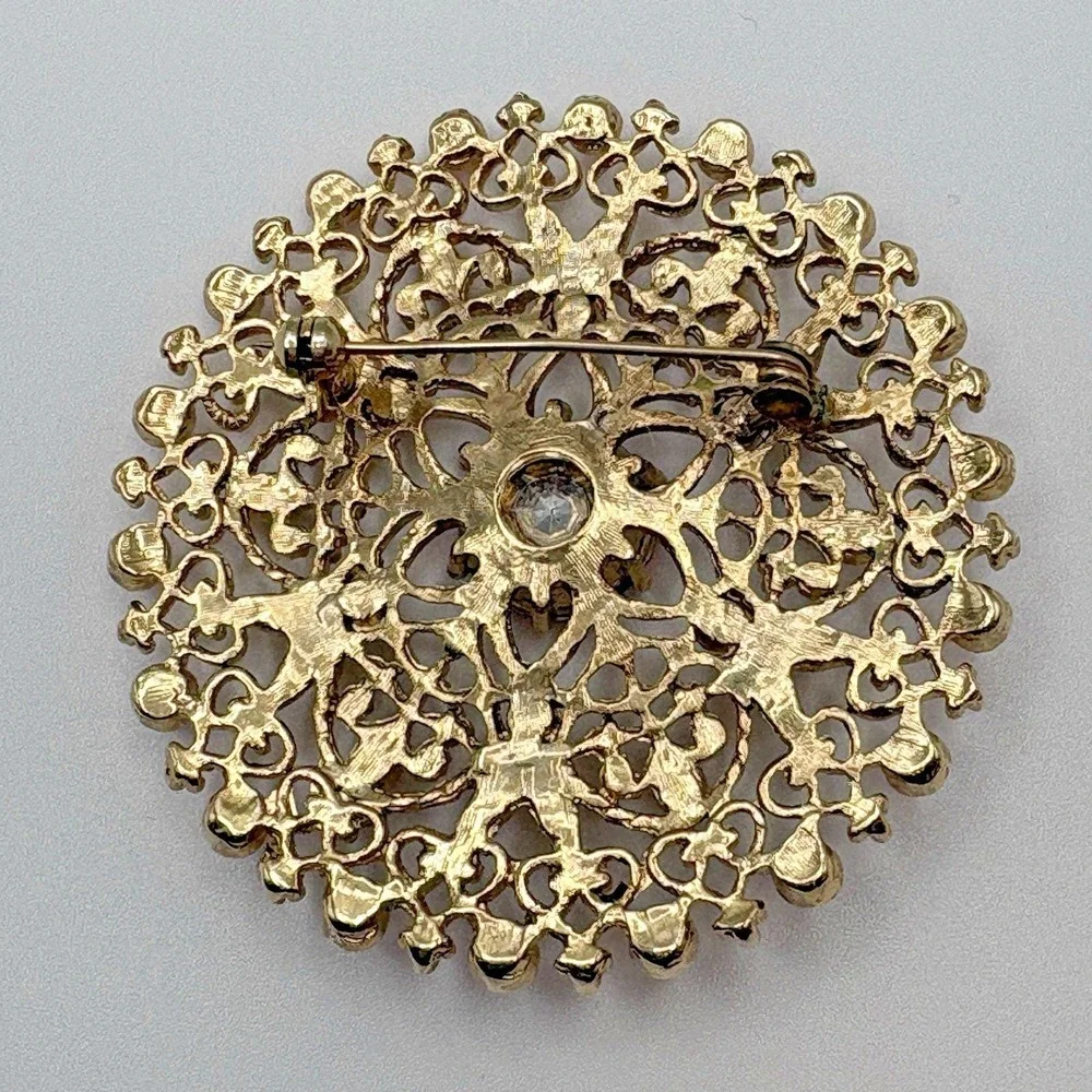 Vintage Filigree Brooch Gold Tone Pink Statement Circle READ